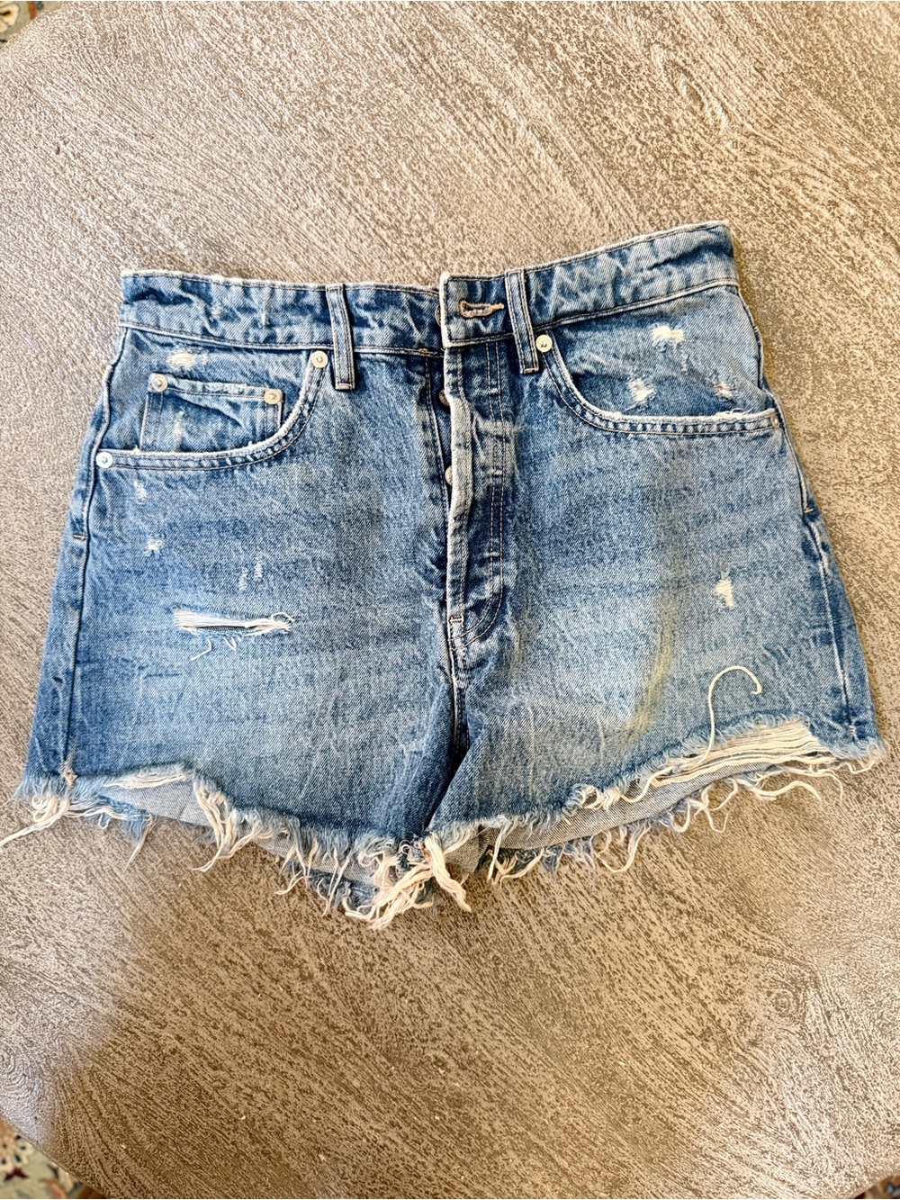 Zara Distressed High-Waist Denim Shorts - Blue